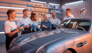 Un groupe de passionnés échangeant des astuces de detailing dans un environnement chaleureux et collaboratif.