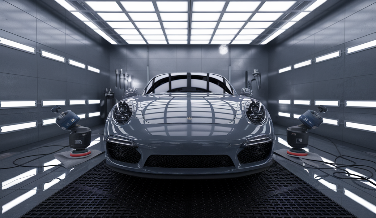 Une voiture impeccablement polie avec des reflets brillants montrant les techniques de detailing