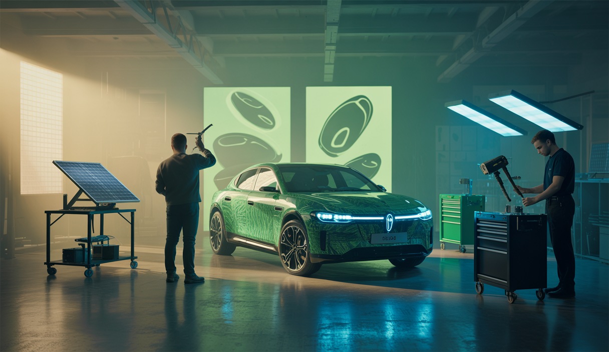 Voiture écologique futuriste dans un atelier de detailing high-tech en 2025
