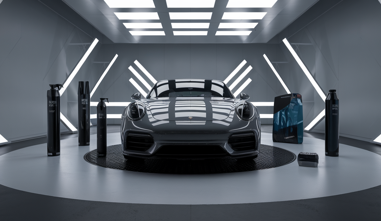 Illustration vibrante de produits de detailing transformant le nettoyage automobile.
