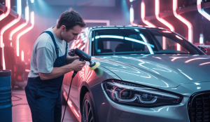 Illustration hyper-détaillée de RUPES UNO en action dans le detailing automobile.