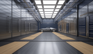Garage bien organisé avec solutions de rangement innovantes.