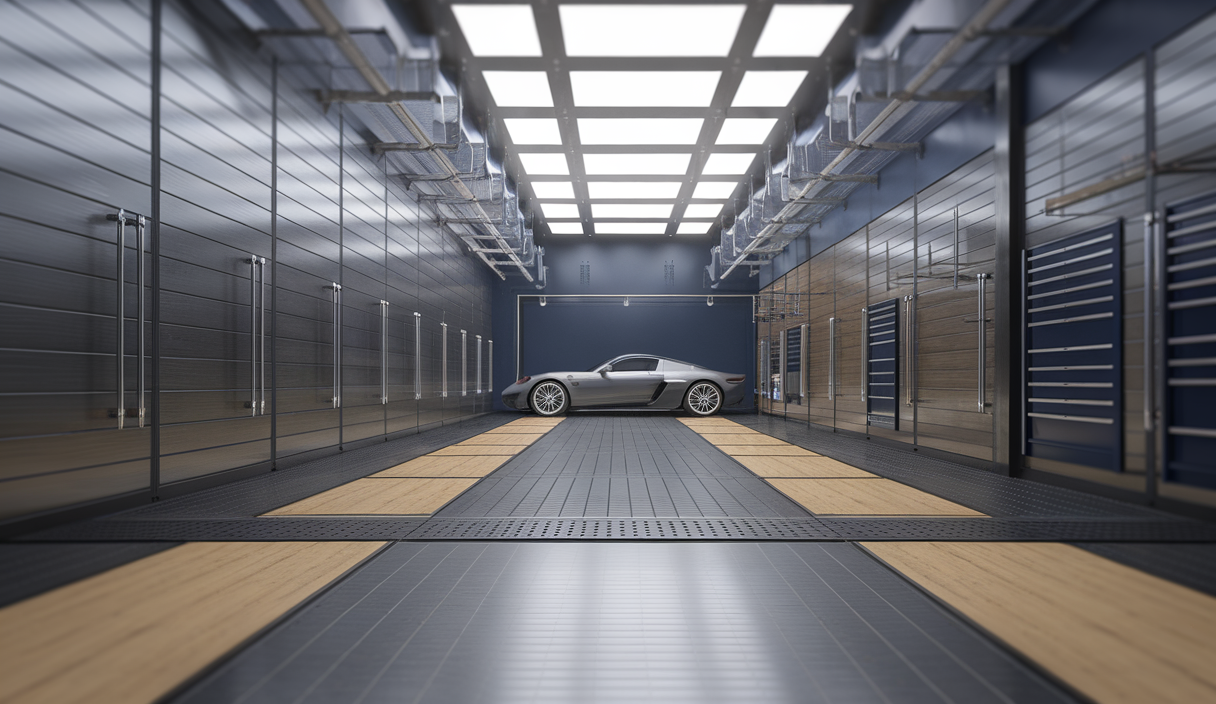 Garage bien organisé avec solutions de rangement innovantes.