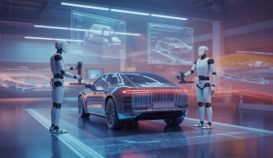 Une scène futuriste montrant des robots et de l'IA améliorant le processus de détaillage automobile.