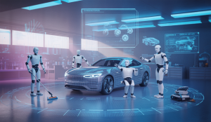 Image futuriste de robots automatisés détaillant une voiture en 2025
