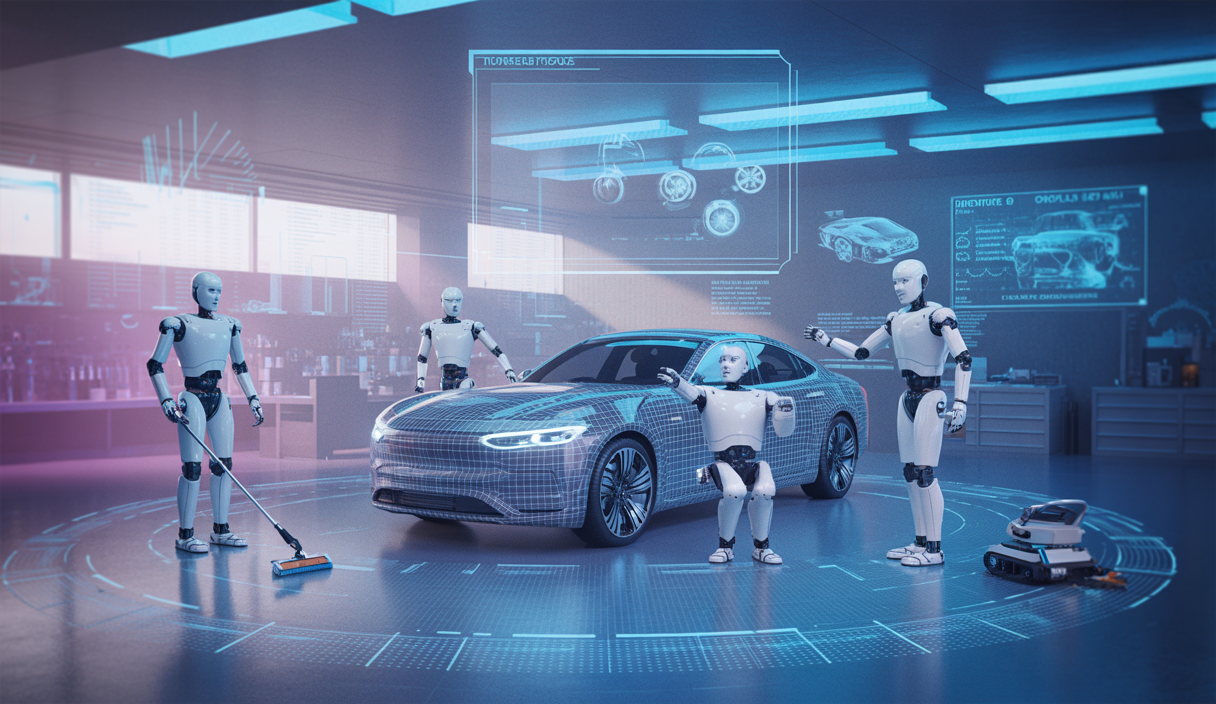 Image futuriste de robots automatisés détaillant une voiture en 2025