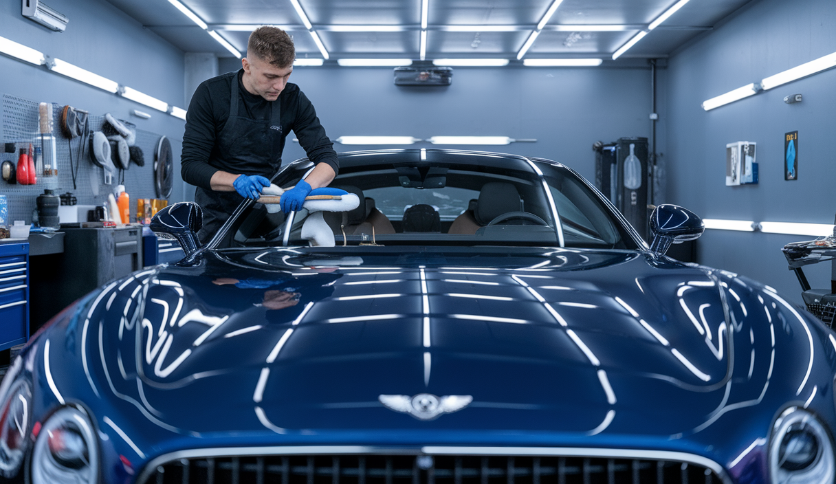 Un expert en detailing automobile appliquant une technique de polissage sur une voiture brillante