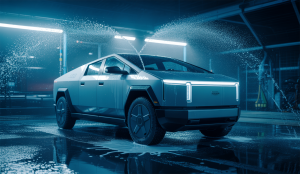 Cybertruck en cours de lavage avec techniques innovantes