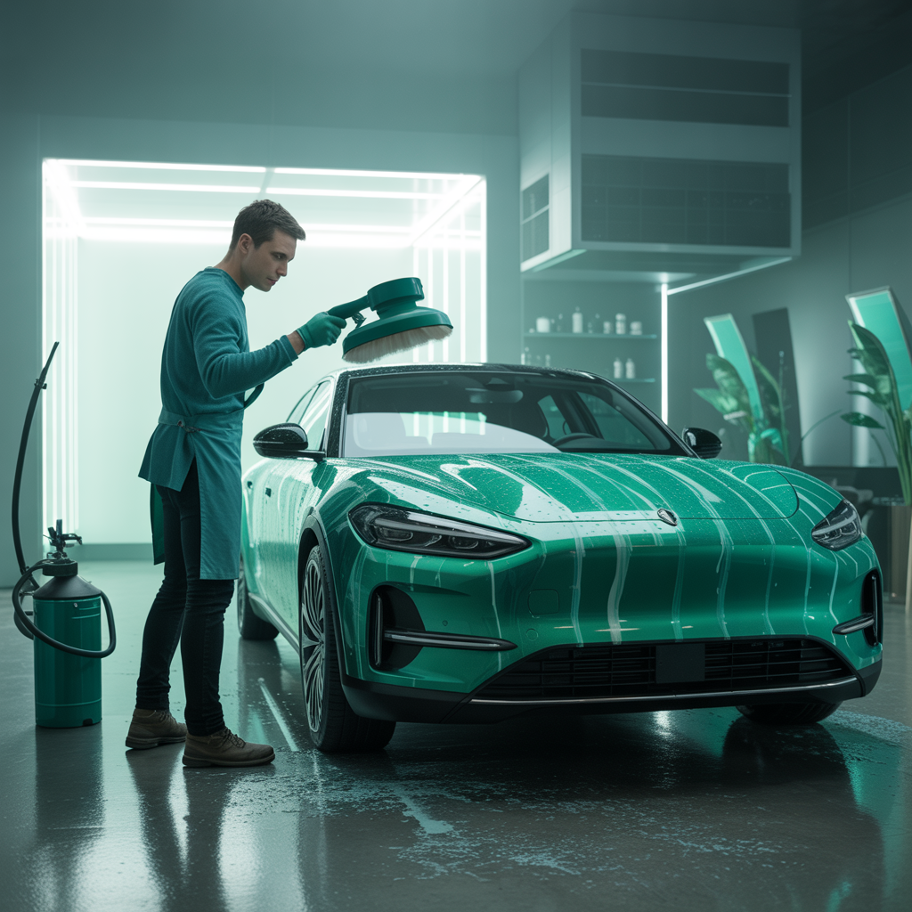 Démonstration futuriste de detailing automobile avec solutions écologiques
