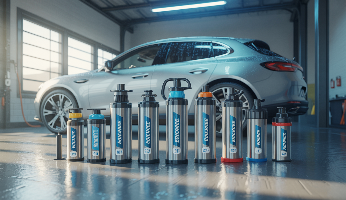 Image réaliste et détaillée d'un ensemble de batteries de foamers pour le detailing automobile, exposant leurs performances et caractéristiques