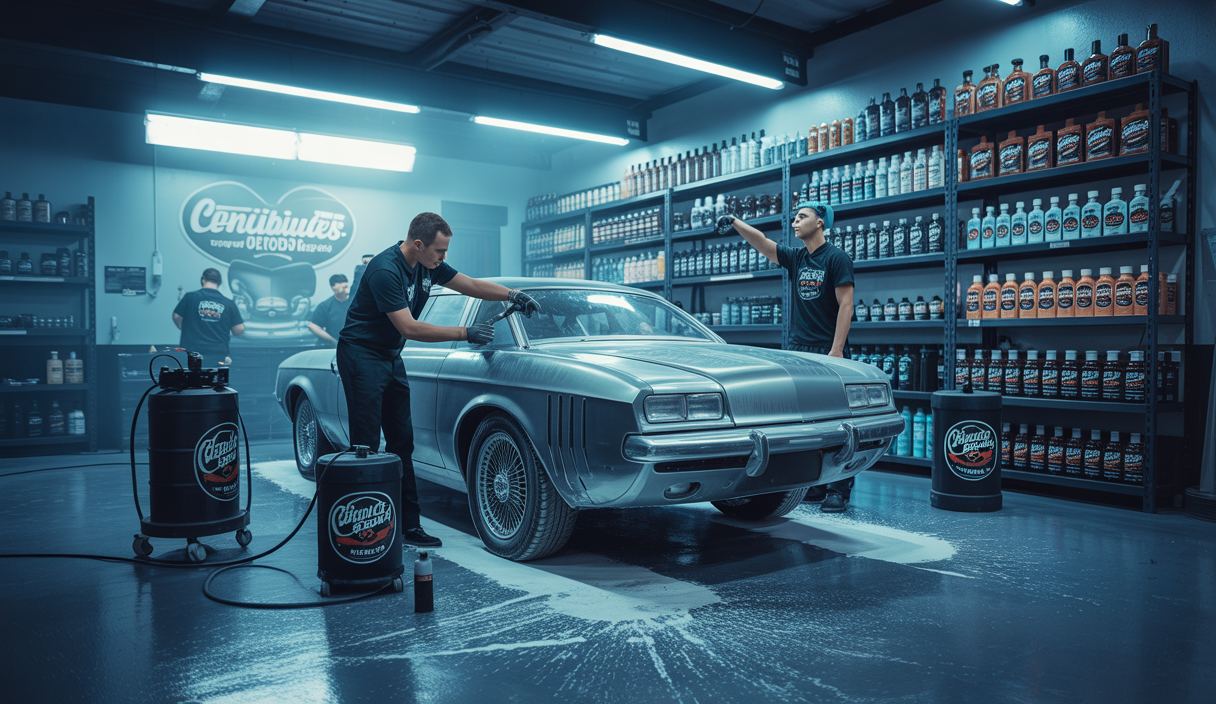 Illustration d'un garage automobile professionnel en pleine restauration